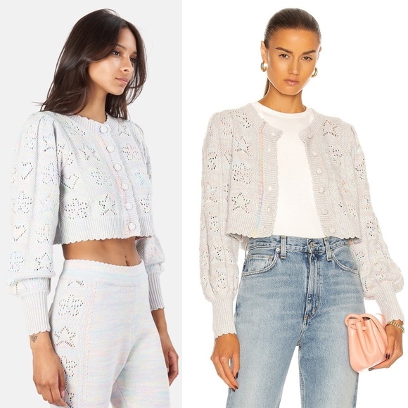 LOVESHACKFANCY Pastel Rainbow Star & Heart Pointelle Cropped Cardigan Sweater L - Picture 2 of 13